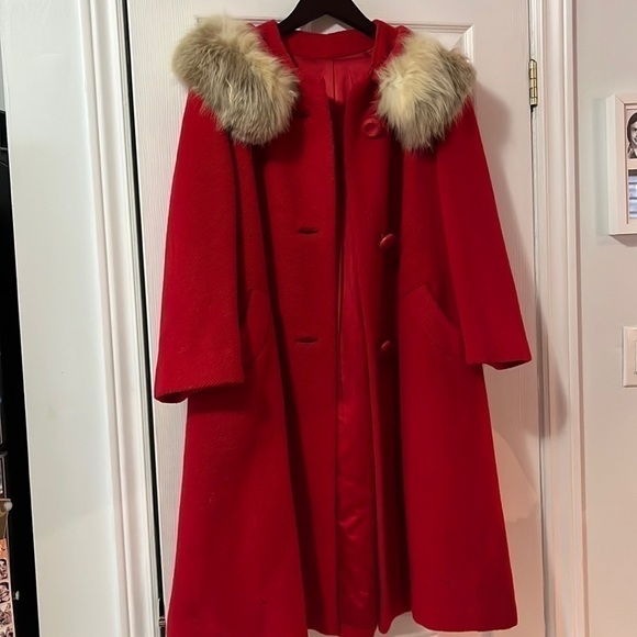 Vintage Red Wool Coat with Fur Size M/L - Picture 14 of 16
